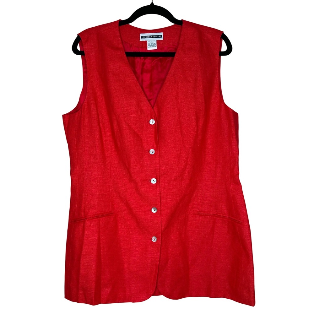 Jennifer Moore VTG Red 100% Linen Blend Button Front Vest‎ Sleeveless Top Sz 14